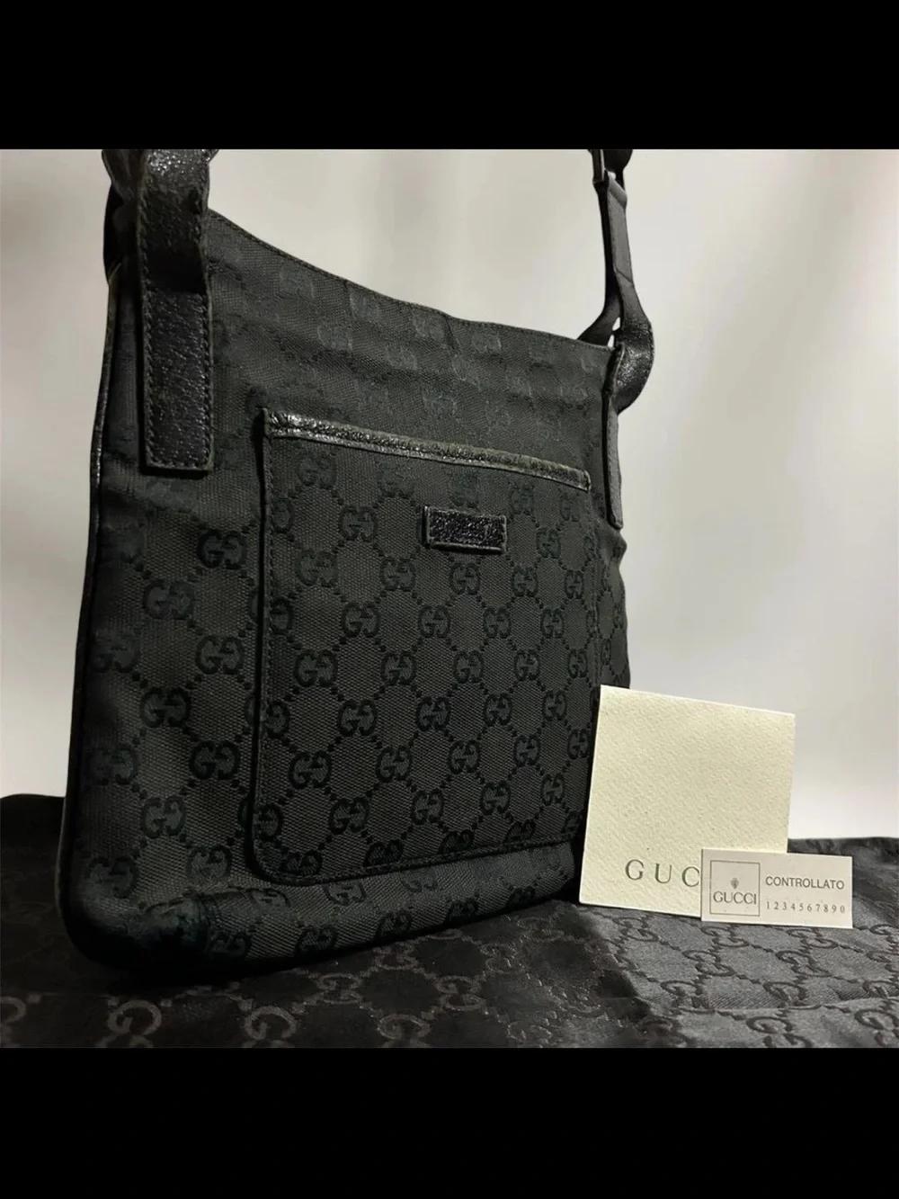 Gucci Black GG Monogram Messenger Shoulder Bag